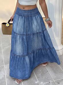 SHEIN Clasi 大码女式百褶休闲百搭约会外出A字裙 - 藍色 - 查看 5