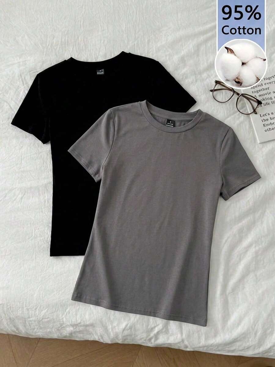Tseoso 2pcs/Set Casual Minimalist Basic Round Neck Short Sleeve Undershirt, Black And Dark Grey, Spring/Summer,Summer Top - Multicolor - View 1