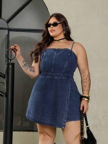 Bibi Tomais Plus Size Denim Jumpsuit, Casual Bib Slim Fit Mini Blue,Back To School - Dark Wash - View 3