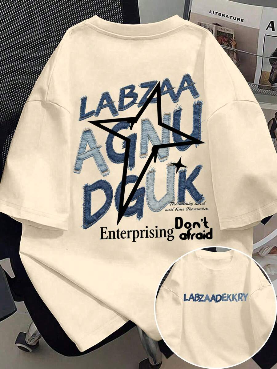 Manfinity Dauomo Áo thun nam cổ tròn tay ngắn, họa tiết thời trang, kiểu dáng thường ngày, đa năng, thích hợp cho mùa hè. - Màu Khaki - Xem 1