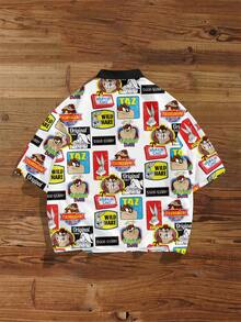 LOONEY TUNES X SHEIN Manfinity Joysei Áo sơ mi nam tay ngắn dáng lửng, in họa tiết toàn thân, cài cúc phía trước. - Nhiều màu - Xem 2