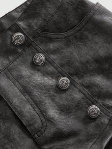 ROMWE Y2K 坏女孩音乐节装扮狂欢短裤，百搭英伦风 PU 迷你热裤 - 黑色 - 查看 3