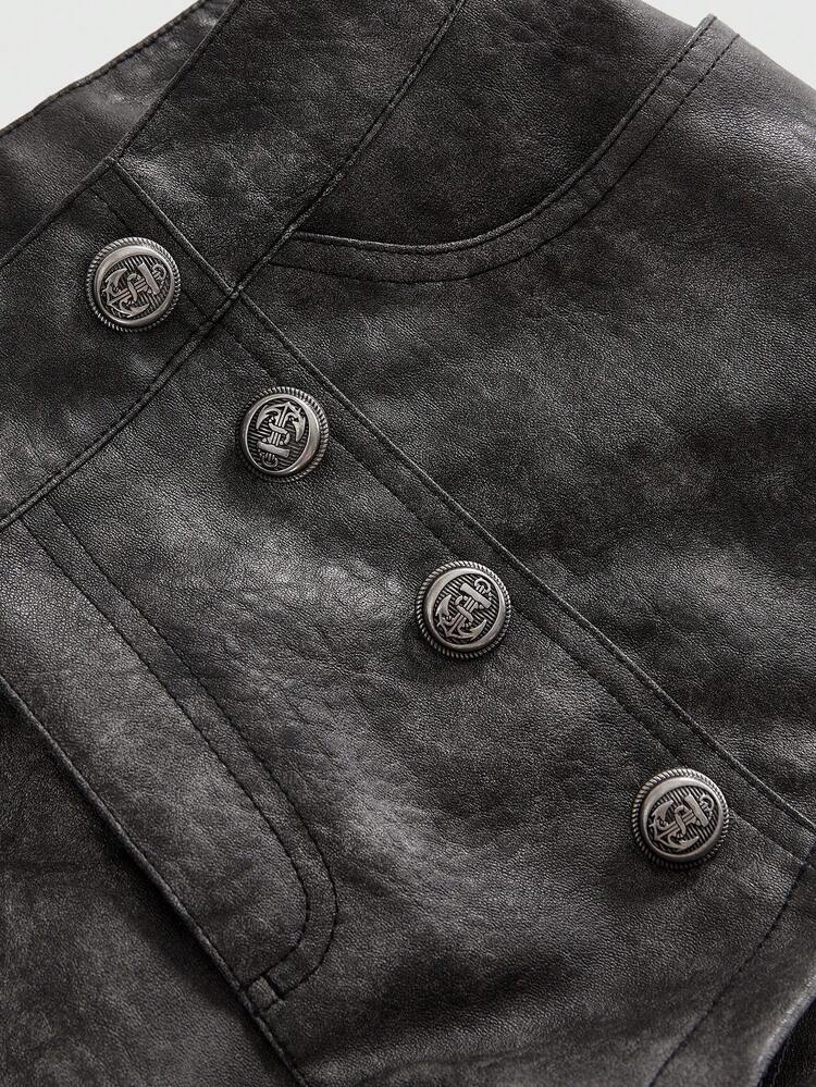 ROMWE Y2K 坏女孩音乐节装扮狂欢短裤，百搭英伦风 PU 迷你热裤 - 黑色 - 查看 3