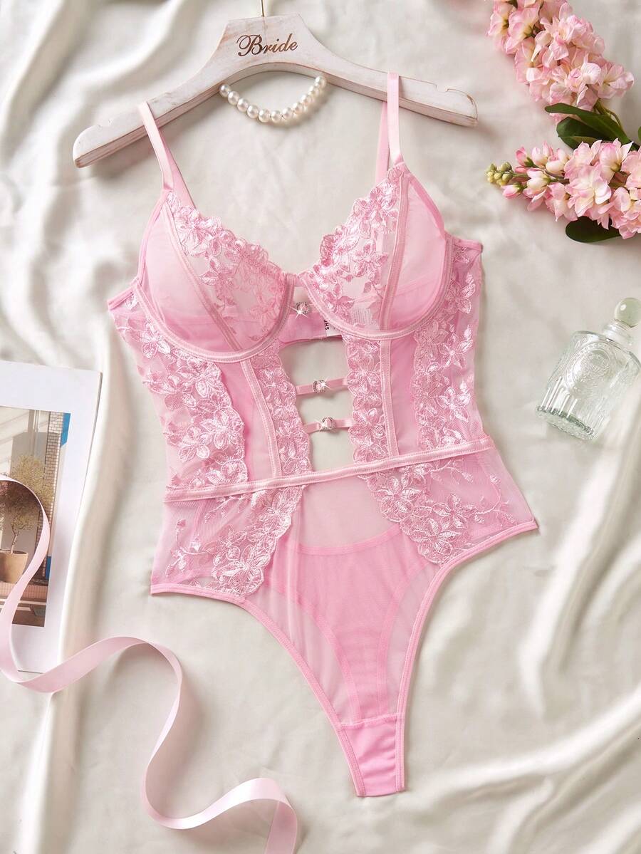 Seduluxe 1 Stück Damen Sexy Lingerie Jumpsuit mit floraler Stickerei und Mesh - Pink - Übersicht 1