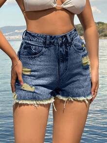 EURMUSE 100%Cotton Back Label Detailed Short With Destroy - Medium Wash - View 6