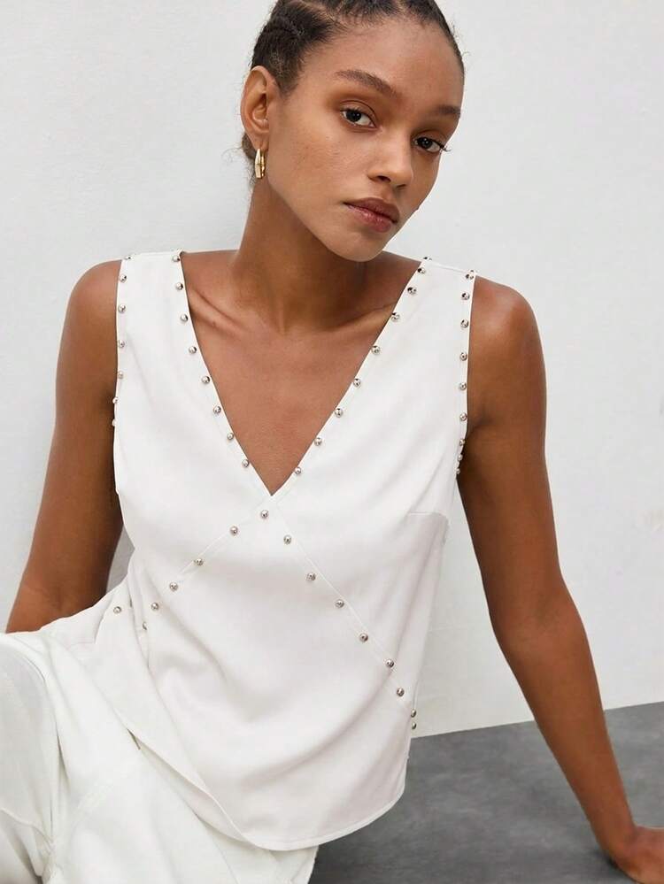 SHEIN Maija Satin Women's Tank Top With Pearl Decor, Urban Chic