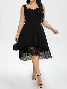 SHEIN Elenzya Vestido casual holgado sin mangas con dobladillo de encaje en contraste para mujer de talla grande, adecuado para fiesta, trabajo y ocio - Negro - Ver 5