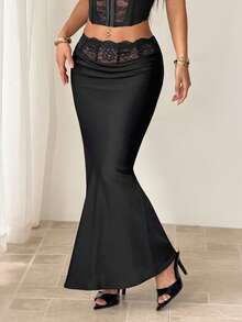 SHEIN PETITE 女士新款秋冬长款缎面蕾丝拼接优雅半身裙，派对装 - 黑色 - 查看 7