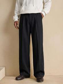 AKNOTIC Men's Casual Everyday Commute Minimalist Versatile Black Polyester-Nylon Pleated Loose Straight Leg Pants - Black - View 3