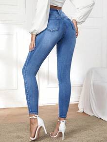 SHEIN Unity Plus Size Women Pockets Button Casual Versatile Daily Wear Denim Jeans Brown Spring - Light Wash - View 2