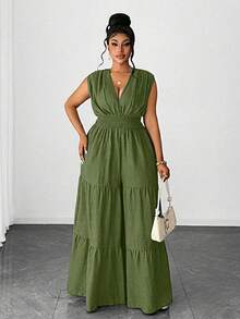 Maweii Bộ jumpsuit nữ cỡ lớn thanh lịch, chất liệu giả denim, thiết kế xếp ly chéo eo có dây rút, nơ sau lưng, viền bèo nhiều lớp, kiểu dáng đa năng, phù hợp cho tiệc tùng, hẹn hò, kỳ nghỉ, đi biển, lễ hội âm nhạc, thời trang. - màu xanh lá - Xem 5