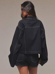 MUSERA Flared Sleeve Oversized Washed Denim Jacket Spring Summer Cute Cosy Cottage Core Spring Dew - Navy Blue - View 2