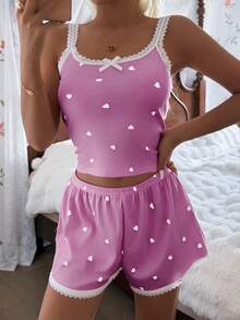 CottageSlumber Heart Shaped Ribbed Lace Silk Camisole & Shorts Sleepwear Set - Purple - View 7