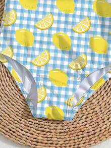 Bộ đồ bơi liền thân cho bé gái, họa tiết kẻ caro xanh dương và chanh, viền bèo nhún, thích hợp cho bãi biển, kỳ nghỉ và các hoạt động mùa hè. - Nhiều màu - Xem 4