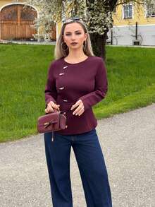 Jeta Ari Woven Non-Stretch Black Long Sleeve Metal Button Fitted Outdoor Blouse, Fashionable & Elegant For Women - Burgundy - View 4