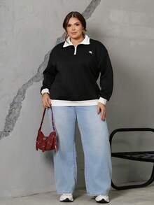 Bibi Tomais Plus Size Contrast Color Embroidery Casual Pullover Pullover Sweatshirt - Black - View 7