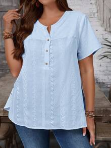 EMERY ROSE Plus Size Women Floral Embroidery Pattern Casual Versatile Daily Wear Shirt - Baby Blue - View 6
