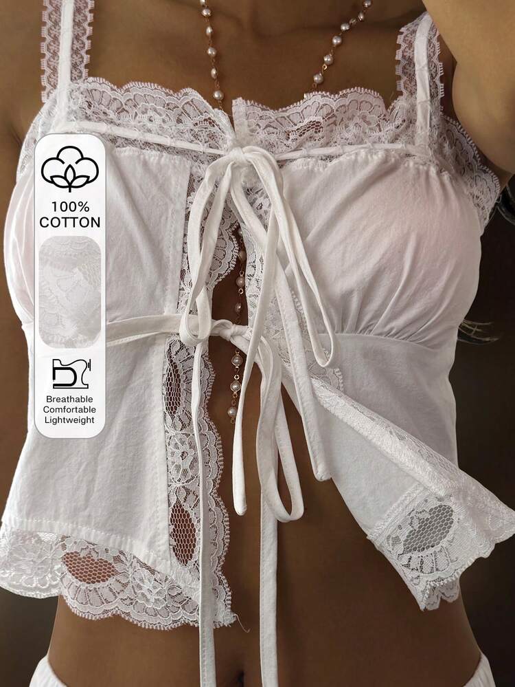 Women's Contrast Lace Tie Bow Camisole Casual Summer Tank Top