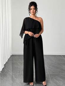 Elenzga Mono de mujer talla grande con hombros descubiertos y bajo asimétrico, de gasa de color liso, elegancia de alta gama, corte holgado, atuendo de verano para mujer, invitada de boda - Negro - Ver 4