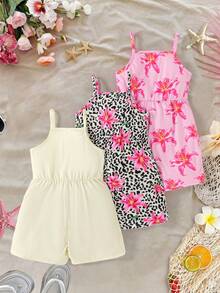 SHEIN Elladie kids 3件組少女夏季新款花卉滿版印花純色連身褲，極簡時尚度假風連身衣 - 彩色 - 查看 2