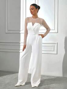 Women Pearly And Tulle Detailed Jumpsuit - White - View 7