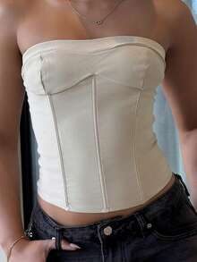 leahseptember Áo crop top thời trang bó sát màu trơn mùa hè cho nữ - Màu be - Xem 6