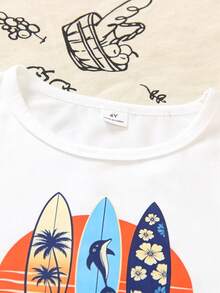 SHEIN Bộ 3 món mùa hè cho bé trai, họa tiết lướt sóng Hawaii/cây cọ/cá heo, áo ba lỗ không tay + quần short họa tiết cây cọ nhiệt đới ombre + mũ chống nắng cùng màu | Trang phục đi biển | Quần áo chơi nước | Bộ đồ ngoài trời cho bé 4-7 tuổi | Bộ quần short và mũ cho chuyến đi biển gia đình, trang phục mùa hè mát mẻ - Nhiều màu - Xem 8