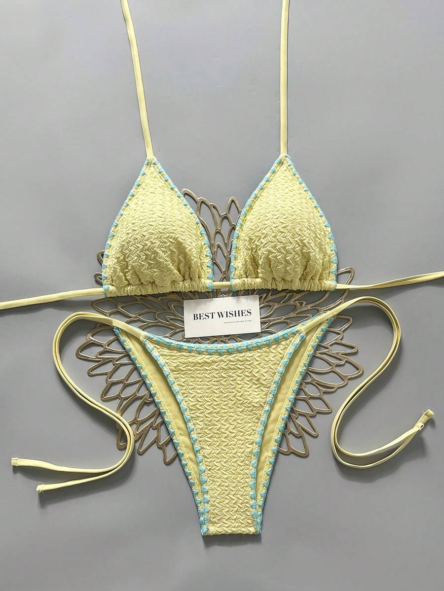 Swim Mod 2026春夏华丽氛围温泉泳装,女士性感挂脖系带比基尼,黄色可爱分体泳衣,适合海滩度假和拍照 - 彩色 - 查看 1