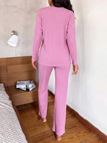 EURMUSE 100% Baumwolle Buchstaben Grafik Rippstrick Loungewear Set - Pink - Übersicht 2