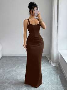 Selianne Đầm hè gợi cảm mới, đầm đen, cổ vuông kiểu Pháp, viền corset giả, dáng đuôi cá, thiết kế xếp ly eo, đầm đuôi cá, đầm dự tiệc cưới, thích hợp cho kỳ nghỉ, hẹn hò, tiệc tùng, ngày Valentine, đám cưới. - màu nâu - Xem 5