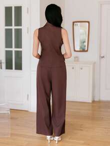 DAZY Women's Summer Casual Solid Color Faux Pocket Vest And Wide Leg Pants 2 Pieces Set - Brown - View 6