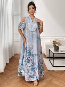 Al Najma Women's V-Neck Jacquard Off-Shoulder Casual Party Dress - Baby Blue - View 4