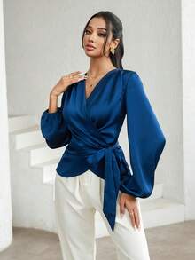 Modelyn Blusa elegante de unicolor con mangas farol y lazo - Marrón - Ver 6
