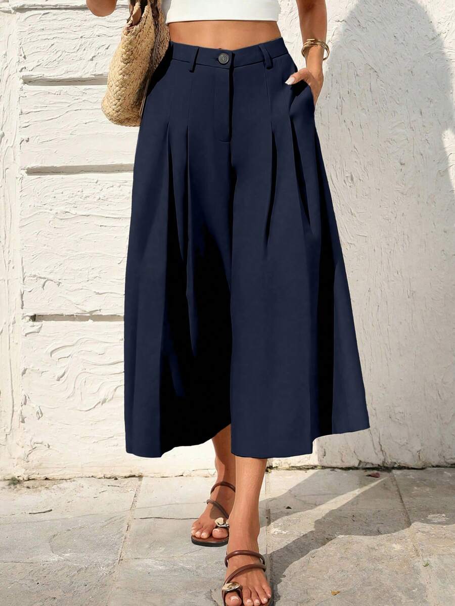 SHEIN Holidaya Celana Capri Linen Kasual Wanita, Cocok untuk Santai, Pantai, dan Pakaian Rumahan - Navy Blue - View 1