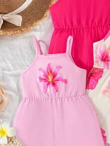 SHEIN Elladie kids 3件組少女夏季新款花卉滿版印花純色連身褲，簡約百搭時尚度假風連身衣 - 玫紅色 - 查看 5