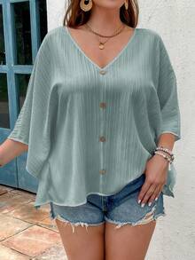 SHEIN VCAY Plus Size Textured Batwing Sleeve V-Neck Blouse - Dusty Blue - View 3