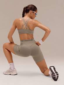 GLOWMODE 6" Powersculpt™ High Energy High-Rise Drawstring Waist Side Pockets Reflective Anti-Slip X Training Running Workout Gym Daily Active Wear - Khaki - View 7