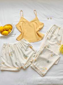 Comfortcana 3入組女性活力色彩和植物印花睡衣套裝 - 黃色 - 查看 6