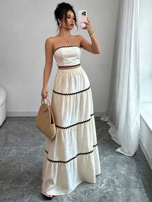 Rafferiza Bộ áo quây và chân váy ngắn thanh lịch dành cho nữ, thích hợp mặc hàng ngày và đi nghỉ mát vào mùa hè. - Màu be - Xem 3