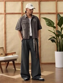 SWAVVY Men's Striped Print Slant Pocket Casual Loose Pants - Black - View 2