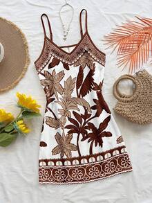 Soleia Đầm dáng suông tối giản, phong cách Bohemian thanh lịch, cổ điển, họa tiết hoa dừa, màu nâu và xanh dương, thích hợp cho kỳ nghỉ hè. Đầm ngắn hai dây thoải mái dành cho nữ, thích hợp cho mùa xuân/hè. - Nhiều màu - Xem 1