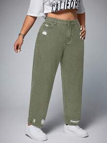 SHEIN ICON Plus Size Women Casual Everyday Wear Distressed Button Pocket Design Denim Jeans Date Night Sage Green Summer - Green - View 4