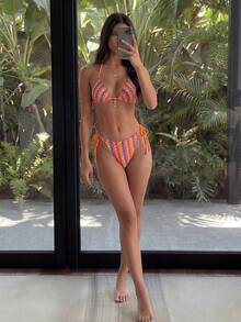Sunnyshic Set Bikini Wanita Musim Panas dengan Atasan Model Halter Strap dan Tali Segitiga Ikat Samping - MultiWarna - View 6