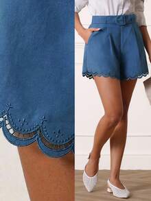 Lilora Damen einfarbige plissierte lässige vielseitige Alltagsshorts mit Zackensaum, hoher Taille, blaue Shorts, hochwertig, modisch, vielseitig und elegant Stickerei, geeignet für den Arbeitsweg, den täglichen Casual-Ausgang, Partys, Dates, Treffen, Freizeitaktivitäten, Picknicks, Urlaube, Sommerreisen und Ferien. Elegante Shorts mit Zackensaum, stilvolle Shorts, Shorts mit Gürtel, Shorts für Damen, Sommer-Outfits für Damen, Damen-Shorts, Sommer-Shorts für Damen - Blau - Übersicht 2