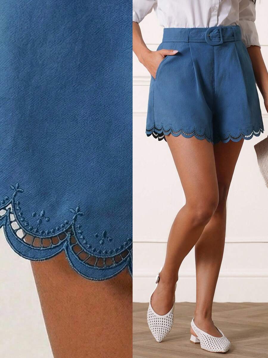 Lilora Damen einfarbige plissierte lässige vielseitige Alltagsshorts mit Zackensaum, hoher Taille, blaue Shorts, hochwertig, modisch, vielseitig und elegant Stickerei, geeignet für den Arbeitsweg, den täglichen Casual-Ausgang, Partys, Dates, Treffen, Freizeitaktivitäten, Picknicks, Urlaube, Sommerreisen und Ferien. Elegante Shorts mit Zackensaum, stilvolle Shorts, Shorts mit Gürtel, Shorts für Damen, Sommer-Outfits für Damen, Damen-Shorts, Sommer-Shorts für Damen