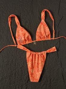 Swim Mod Women's Orange Floral Print Thick Strap Triangle Cup Bikini Two Pieces Swimwear, Beach Vacation - Orange - View 2