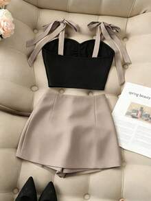 Franclia 夏季新款性感吊带背心，撞色蝴蝶结前褶短款吊带背心+灰色短裤两件套，女士系带腰短裤套装，春夏女士两件套，女士夏季休闲套装，春夏女士服装，撞色女士两件套，女士夏季服装，适合度假、约会 - 卡其色 - 查看 2