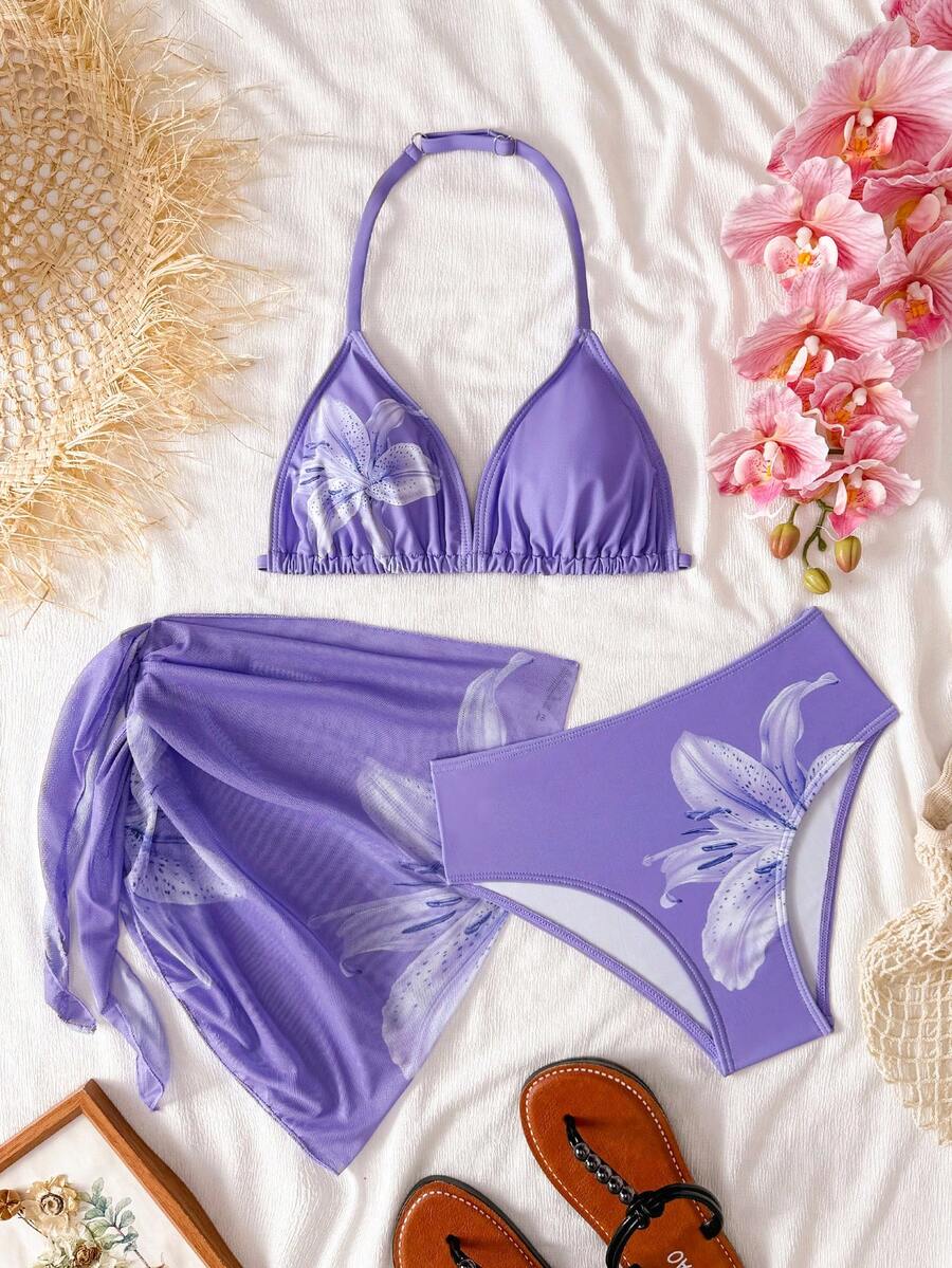 SHEIN Bộ bikini 3 mảnh dành cho thiếu nữ, áo tam giác buộc dây cổ màu đen họa tiết hoa, quần tam giác và khăn quấn, đồ bơi thời trang, thanh lịch, phù hợp cho bơi lội, kỳ nghỉ hè. - Màu tím - Xem 1