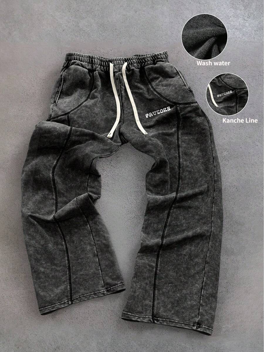 PAVTROS Men's Casual Letter Print Drawstring Waist Sweatpants - Black - View 1