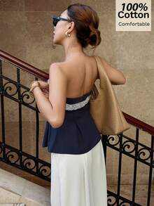 Siren Gaze 女士新款春夏纯棉撞色蕾丝拼接衬衫 - 藏蓝色 - 查看 2